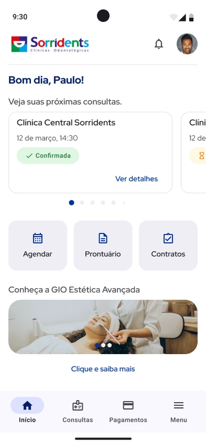 Tela inicial do app Sorridents com consultas e atalhos