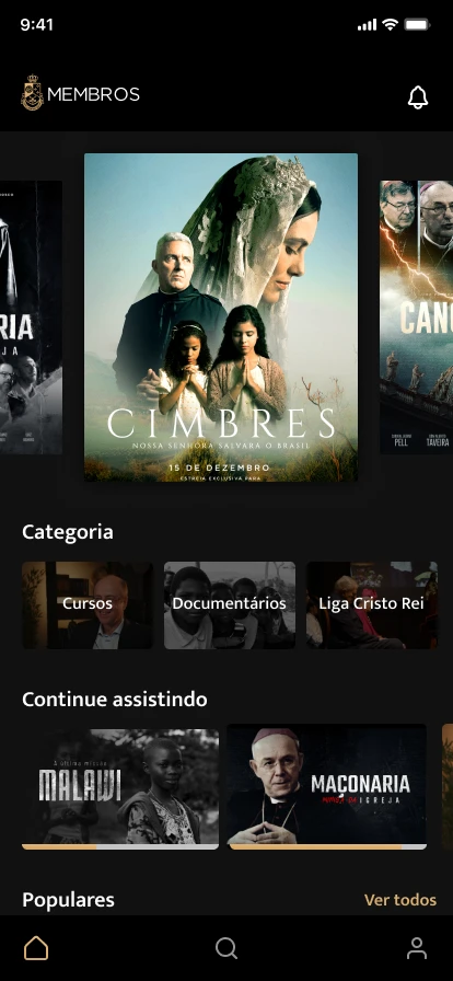 Tela inicial do app de conteúdo Dom Bosco