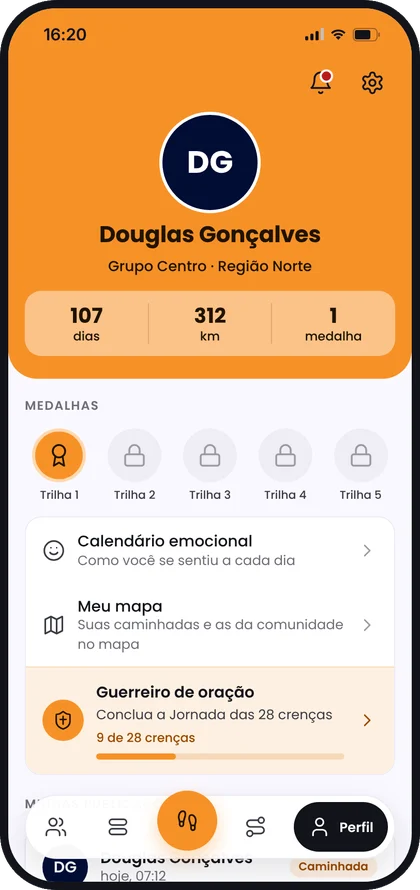 Perfil com medalhas no protótipo Caminhando com Deus