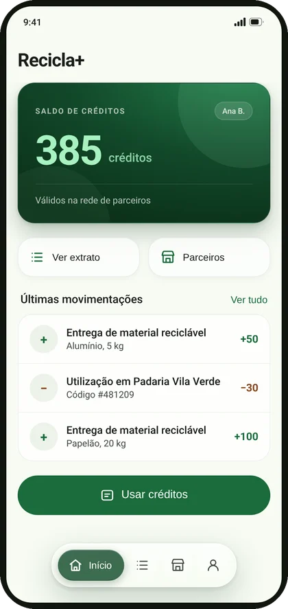 Tela de saldo do protótipo Recicla+