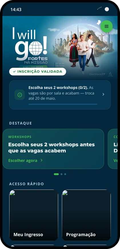 Tela inicial do protótipo do evento I Will Go 2027